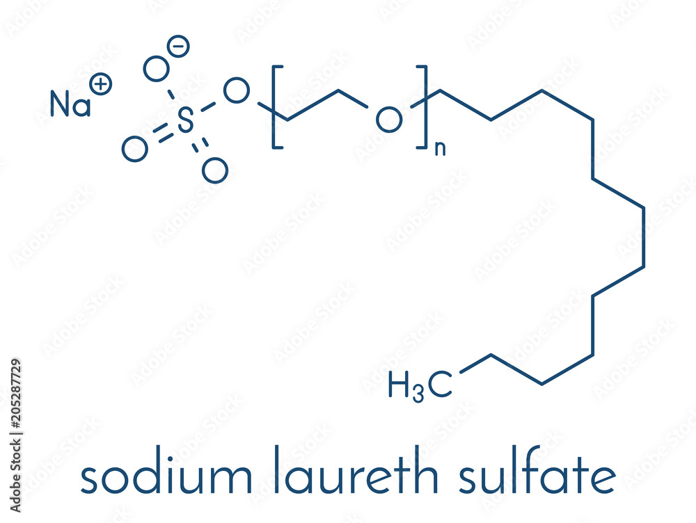 Sodium laureth sulphate detergent molecule. Used in cosmetics, soaps, shampoos, etc. Skeletal formula. Sodium laureth sulphate detergent molecule. Used in cosmetics, soaps, shampoos, etc. Skeletal formula.