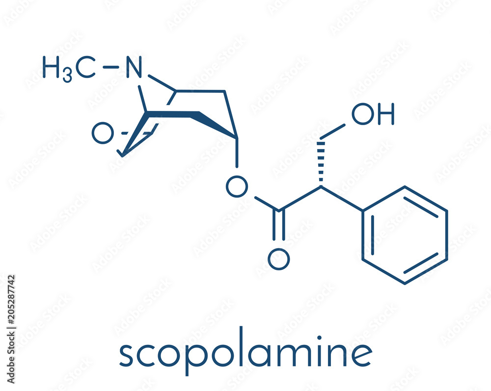 Scopolamine (hyoscine) anticholinergic drug molecule. Used in treatment