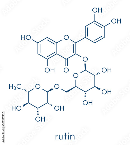 Rutin (rutoside, sophorin) molecule. Herbal glycoside composed of quercetin and rutinose. Skeletal formula.