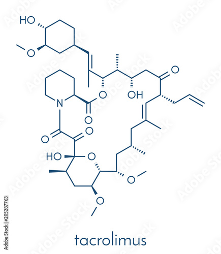 Tacrolimus (fujimycin, FK-506) immunosuppressant drug molecule. Skeletal formula.