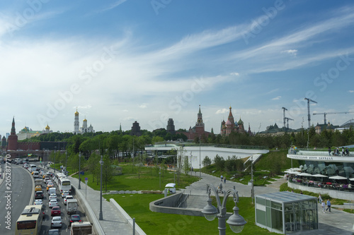 Moscow / Russia - 05.2018: view of Zaryadye Park and the Kremlin