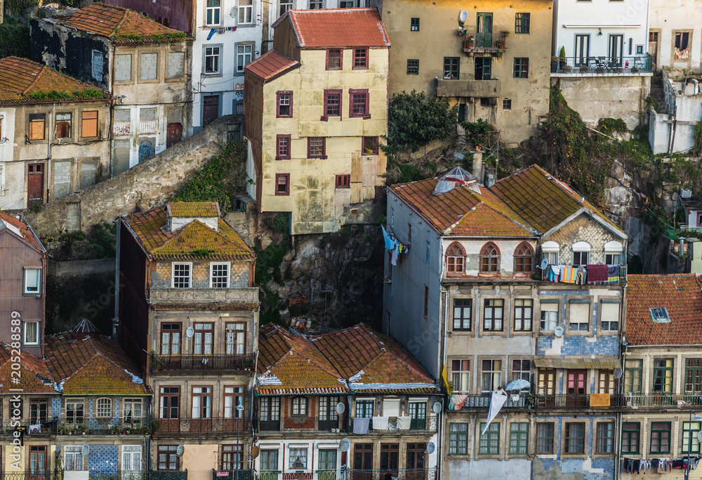 Residential buildins in Porto city, Portugal. View from Dom Luis I Bridge