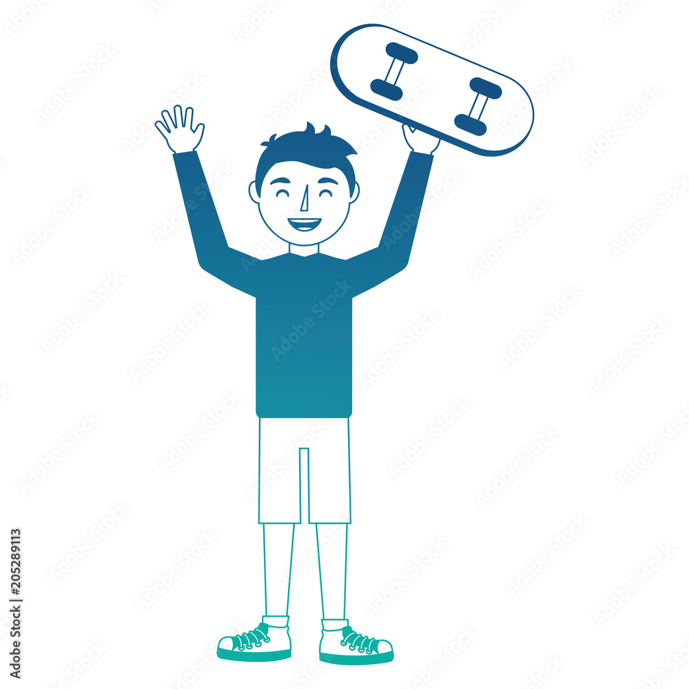 young boy celebratring with skateboard avatar vector illustration design