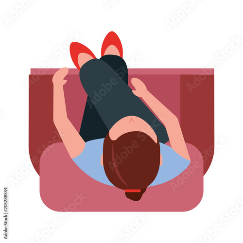 aerial view of young woman sitting in sofa with cross leg vector illustration design