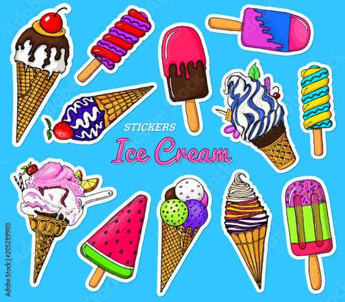 Realistic Sweet ice cream with caramel and waffle cone, chocolate and lollipops and strawberry, Tasty fruit jelly and watermelon. Holiday colors in modern style. Engraved hand drawn vintage sketch.