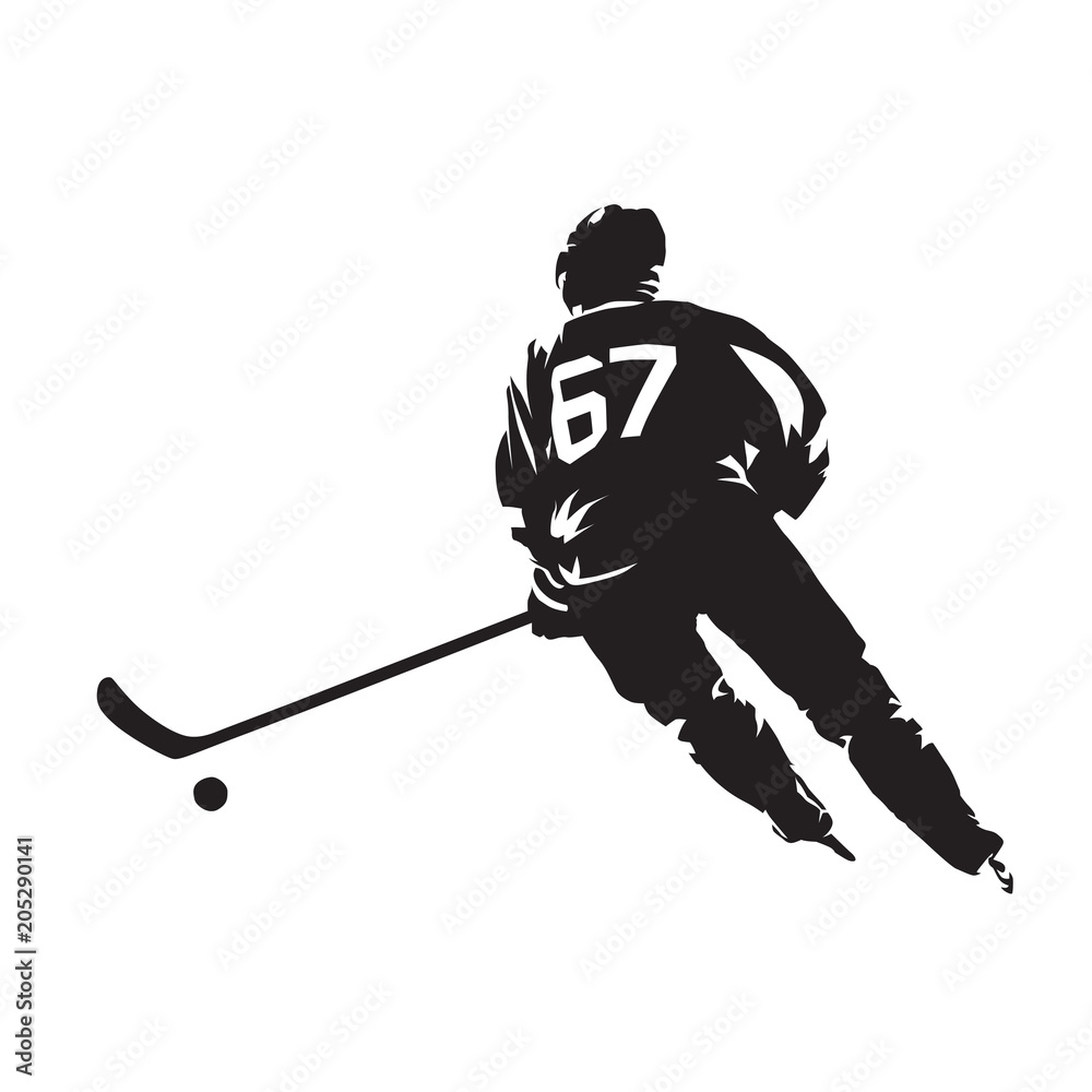 Fototapeta premium Ice hockey player skating with puck. Isolated vector silhouette
