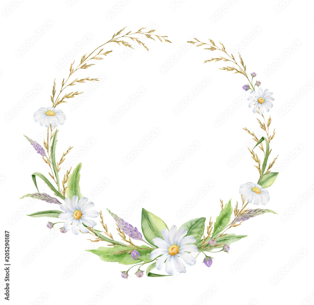 Watercolor hand painted round wreath with wildflowers,leaves and branches. Frame for wedding invitations, save the date or greeting cards..