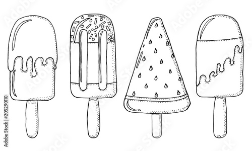 Realistic Sweet ice cream with caramel and waffle cone, chocolate and lollipops and strawberry, fruit jelly and watermelon. Holiday colors in modern style. Engraved hand drawn vintage sketch.