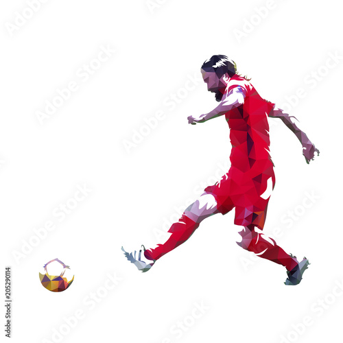 Fototapeta Naklejka Na Ścianę i Meble -  Soccer player kicking ball, abstract polygonal vector illustration. Geometric European Football Player