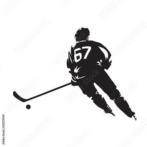 Ice hockey player skating with puck. Isolated vector silhouette