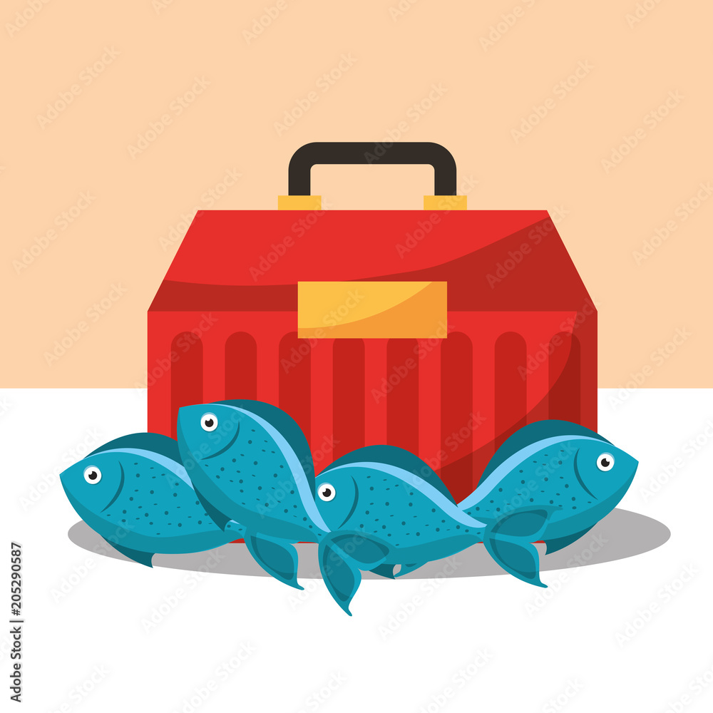 fishing equipment tackle box and fishes vector illustration Stock Vector