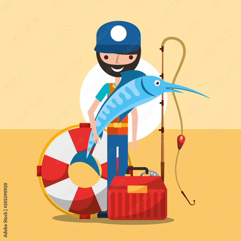 fisherman carrying big fish fishing rod tackle box cartoon vector