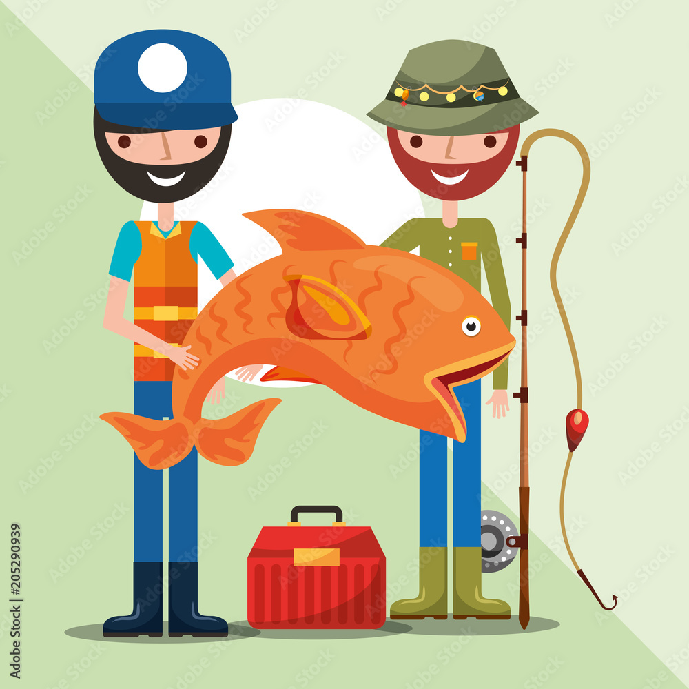 two fisherman holding giant fish rod and tackle box cartoon vector