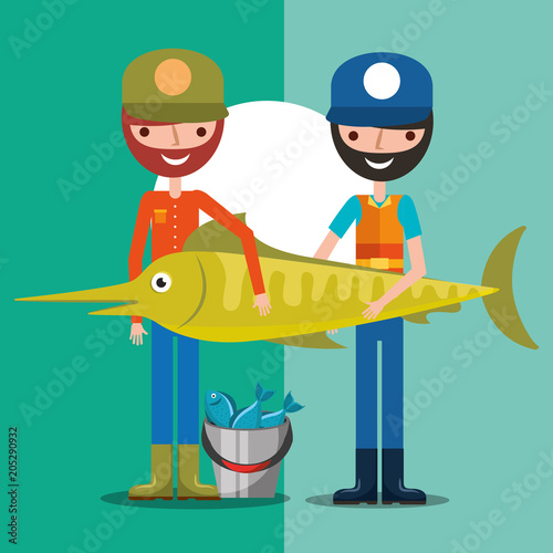 two fisherman holding giant fish with bucket fishes cartoon vector illustration