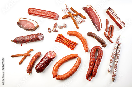 Large selection of spicy sausages in a flat lay