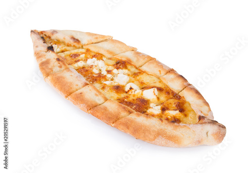 Traditional turkish pizza pide with cheese on white. Top view.