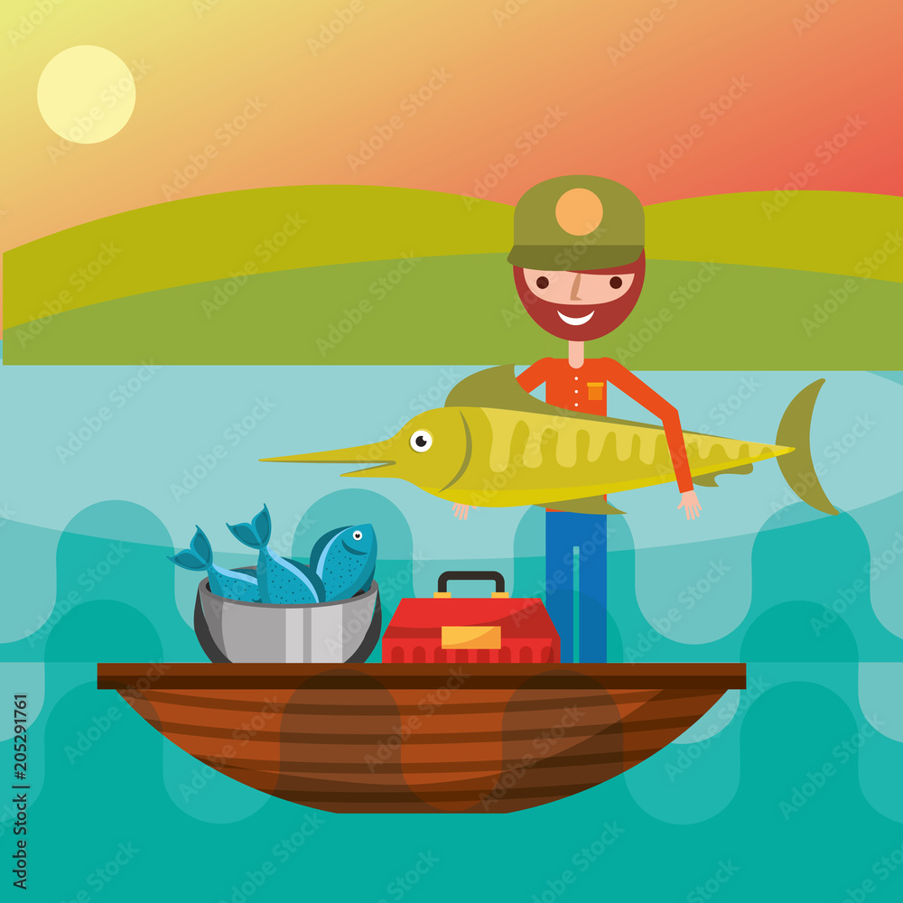fisherman in a boat lake big fish tackle box bucket vector illustration  Stock Vector