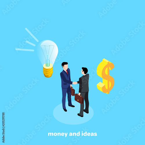 men in business suits shake hands, bulb and dolar sign, isometric image