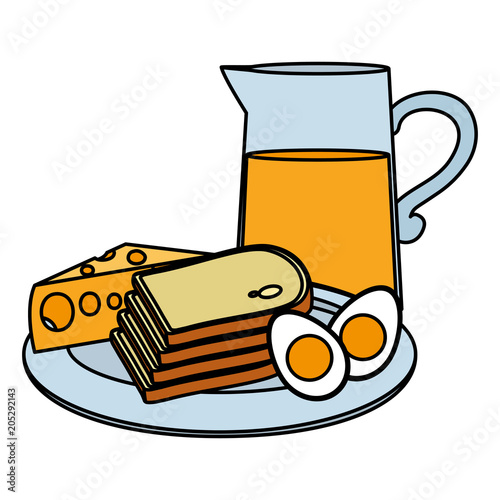 color fried eggs with bread and juice breakfast