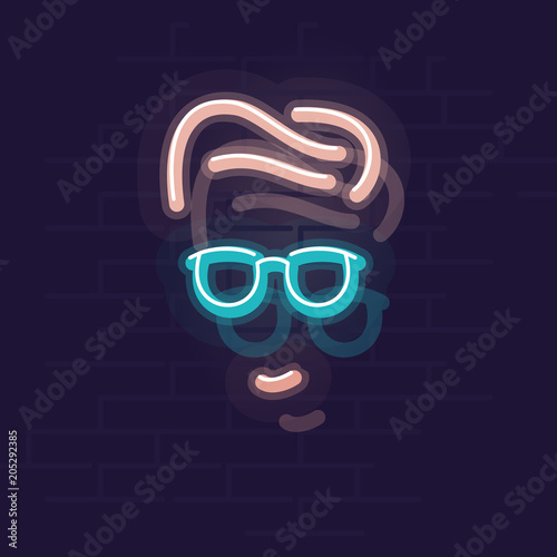 Neon man face. Night illuminated icon. Isolated illustration on brick wall background.