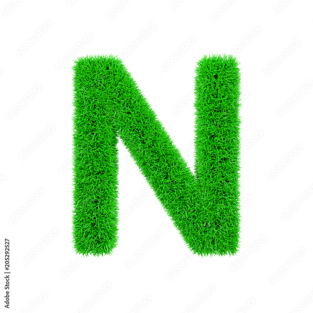 Alphabet letter N uppercase. Grassy font made of fresh green grass. 3D render isolated on white background. Alphabet letter N uppercase. Grassy font made of fresh green grass. 3D render isolated on white background.