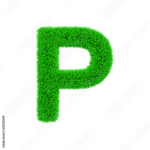 Alphabet letter P uppercase. Grassy font made of fresh green grass. 3D render isolated on white background.