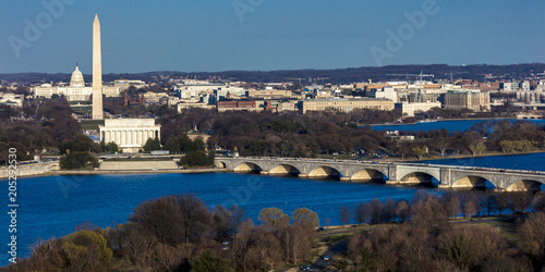 Washington D.C. . - Aerial view of Washington D.C. from Top of Town restaurant, Arlington, Virginia shows Lincoln & Washington Memorial and U.S. Capitol with tour boat and Potomac River in foreground