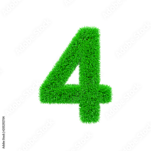 Alphabet number 4. Grassy font made of fresh green grass. 3D render isolated on white background.