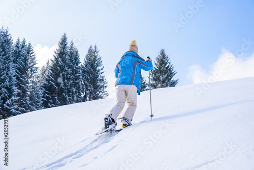 Woman is hiking with snowshoes on snow in winter landscape of forest in Oberstdorf, Bavaria Alps in South of Germany. Beautiful landscape with coniferous trees and white snow. Winter sport activity.