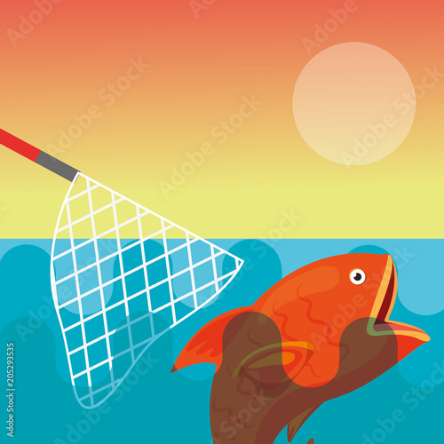 damaged fishing net escapes the fish vector illustration