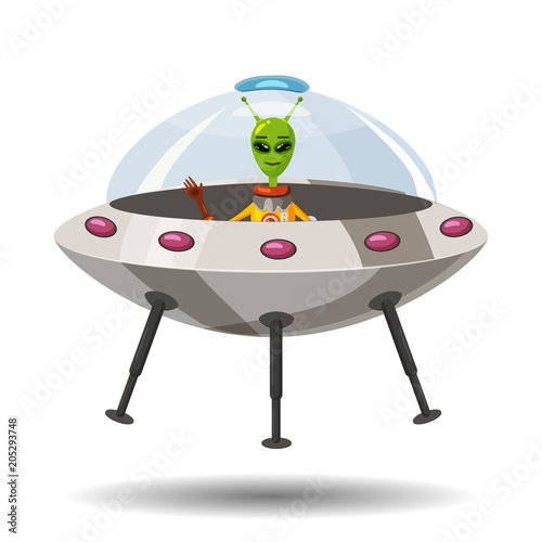 Cartoon Alien in Flying Saucer, UFO, vector, isolated