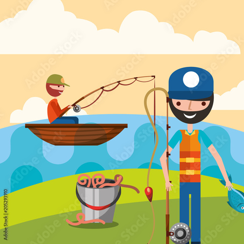 fishermen in the lake with boat worms and fish vector illustration