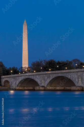 APRIL 10, 2018 - WASHINGTON D.C. - Memorial Bridge at dusk spans Potomac River and features Washington Monument