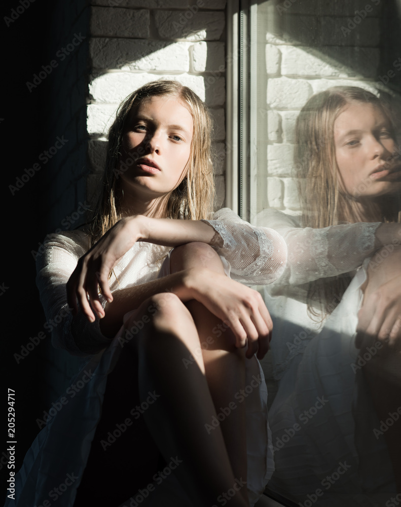 Albino girl with natural look. Sensual woman relax at window. Woman with  young skin face. Beauty model with wet blond hair. Fashion beauty and look  Stock Photo | Adobe Stock