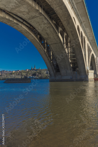 APRIL 08, 2018 - WASHINGTON D.C. - Key Bridge and Georgetown in background is seen on the Potomac River, Washington D.C.