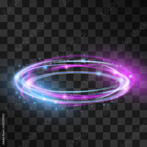 Blue and purple stormy swirls light effect for luxurious products or brands. Neon orbit for beauty goods, modern design, hi tech gadgets, fashion on transparent background. Magical stardust ring.