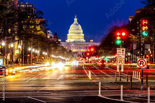 APRIL 11, 2018 WASHINGTON D.C. - Pennsylvania Ave to US Capitol with.Streaked lights going towards US Capitol in Washington DC. during rush hour PM
