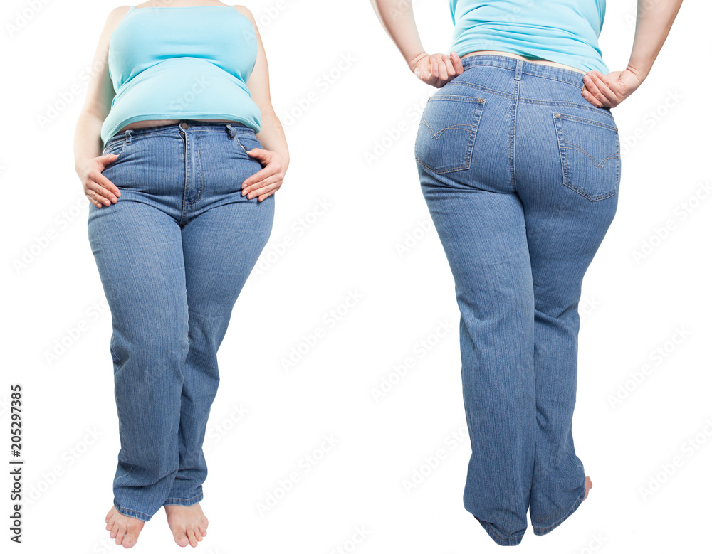 fat woman in blue jeans isolated on white background. Diet concept