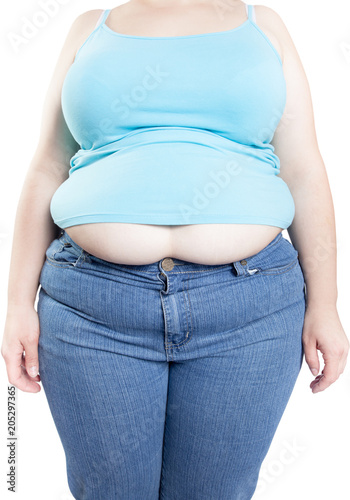 Woman in blue jeans isolated on white background from fat to thin. Diet concept. (overweight, obesity)