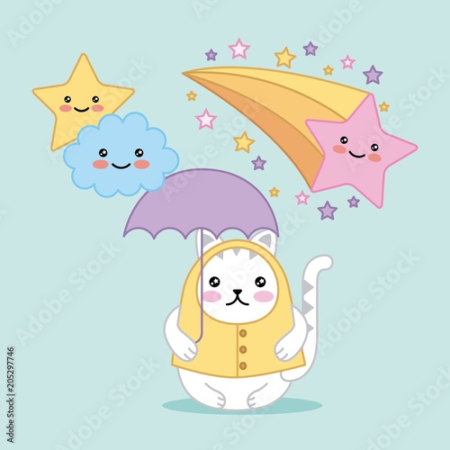 kawaii cat with umbrella clouds stars cartoon vector illustration