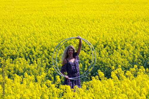 blonde girl on the blooming yellow rapeseed field photo