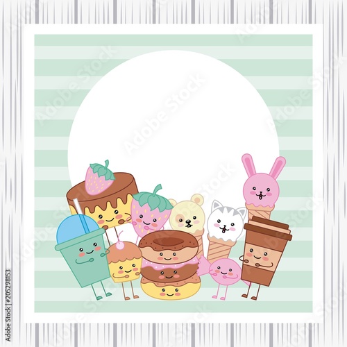 kawaii sweet food funny cartoon card vector illustration