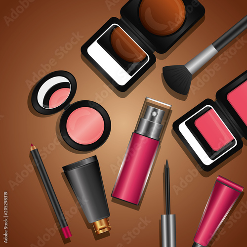 cosmetics makeup set brush eyeliner lipgloss mascara mirror vector illustration