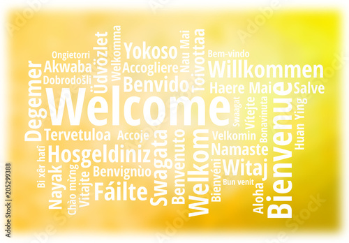WELCOME word cloud in different languages on golden background, concept background