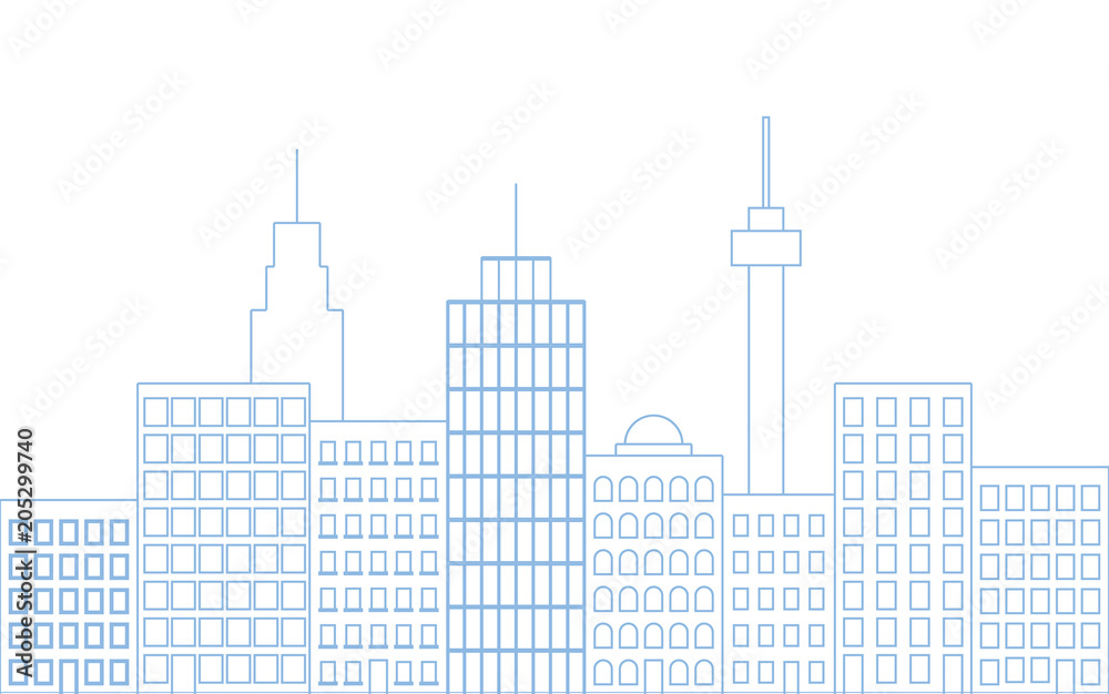 Vector blue thin line seamless illustration of big city isolated on white background
