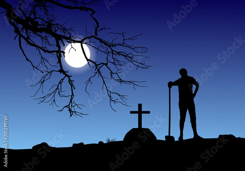 Vector of a man digging grave in graveyard in full moon.