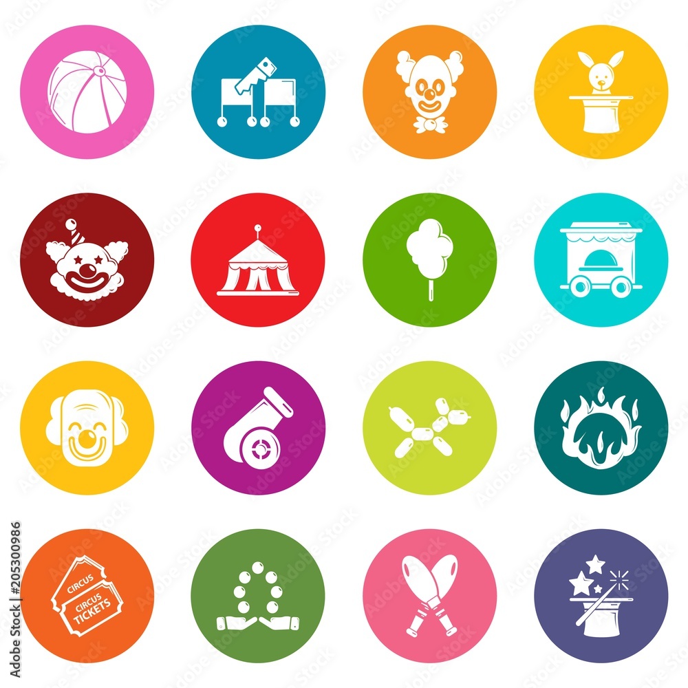 Circus icons set vector colorful circles isolated on white background 