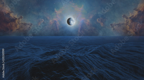 Planets of Solar system Jupiter, Mercury, Saturn, Venus and ocean with big waves. Surrealistic and fantastic 3D rendering. Clouds, stars, Orion nebula, sea, waves.  © Ser