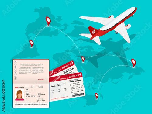 Travel and tourism background. Buying or booking online tickets. Travel, Business flights worldwide. Air travel world globe airline tickets. Flat isometric vector illustration.