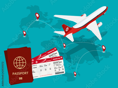 Travel and tourism background. Buying or booking online tickets. Travel, Business flights worldwide. Air travel world globe airline tickets. Flat isometric vector illustration.